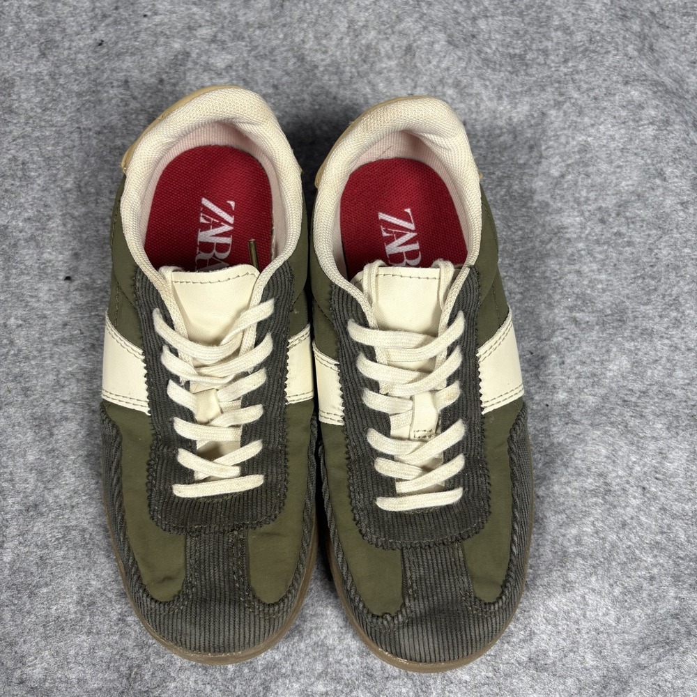Zara Corduroy Panel Sneakers 32 Olive Green Textured Low Top